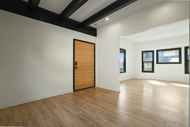 2745 Kenwood Ave, Los Angeles, CA 90007 - unfurnished room with recessed lighting, beam ceiling, baseboards, and light wood finished floors