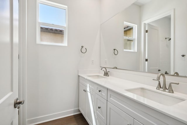 bathroom with hardwood / wood-style floors and vanity