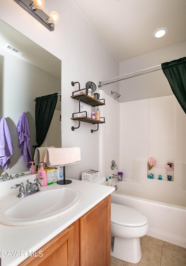 44927 Normandy Ln, Lancaster, CA 93536 - bathroom with vanity, shower / tub combo with curtain, and tile patterned floors