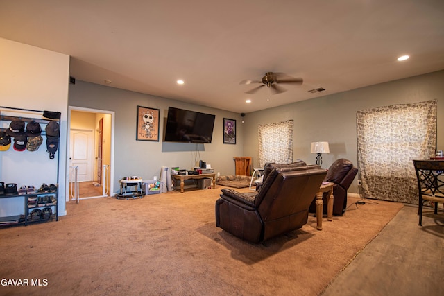 8801 Lupine Loop Dr, California City, CA 93505 - carpeted cinema room with a ceiling fan and recessed lighting