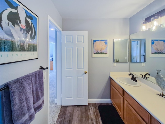 bathroom with vanity, baseboards, and wood finished floors