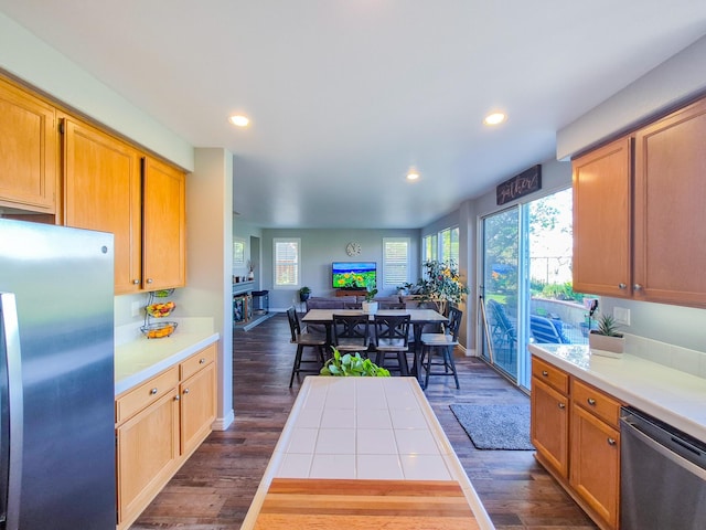 kitchen featuring appliances with stainless steel finishes, open floor plan, dark wood-style flooring, and recessed lighting