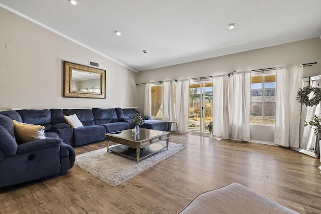 living room with lofted ceiling and hardwood / wood-style floors