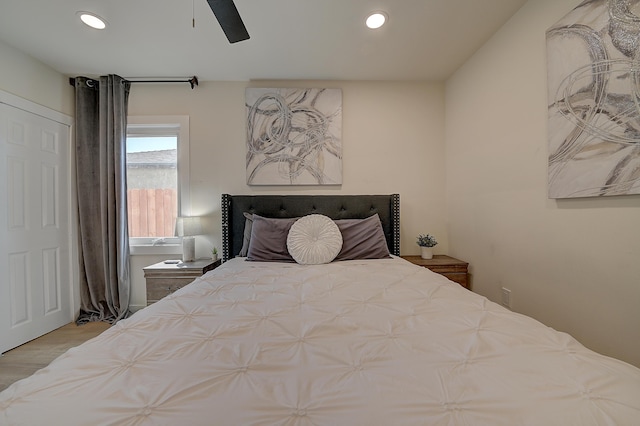 12871 W Osborne St, Arleta, CA 91331 - bedroom featuring wood finished floors, ceiling fan, and recessed lighting