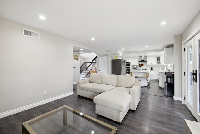 living room with dark wood-type flooring