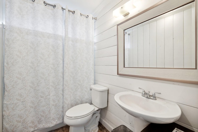 bathroom with wood walls, sink, and toilet