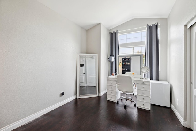 office with dark hardwood / wood-style flooring and lofted ceiling