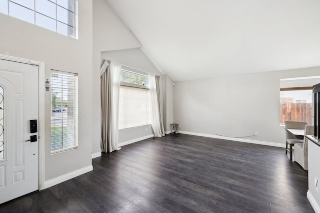 entryway with dark hardwood / wood-style flooring and high vaulted ceiling