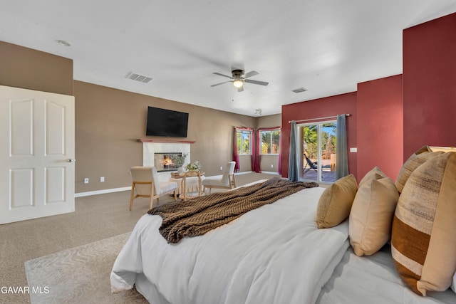 8433 Prospect St, Mojave, CA 93501 - bedroom featuring access to outside, carpet flooring, a fireplace, and ceiling fan