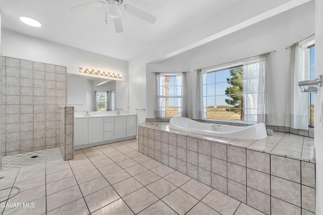 8433 Prospect St, Mojave, CA 93501 - bathroom with double vanity, a bath, ceiling fan, and tile patterned floors
