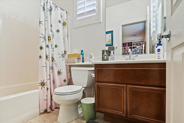 full bathroom featuring shower / tub combo, vanity, tile patterned flooring, and toilet