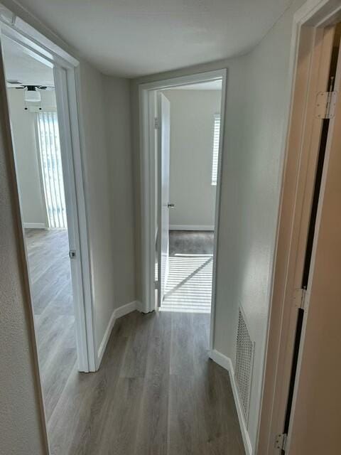 corridor with wood-type flooring