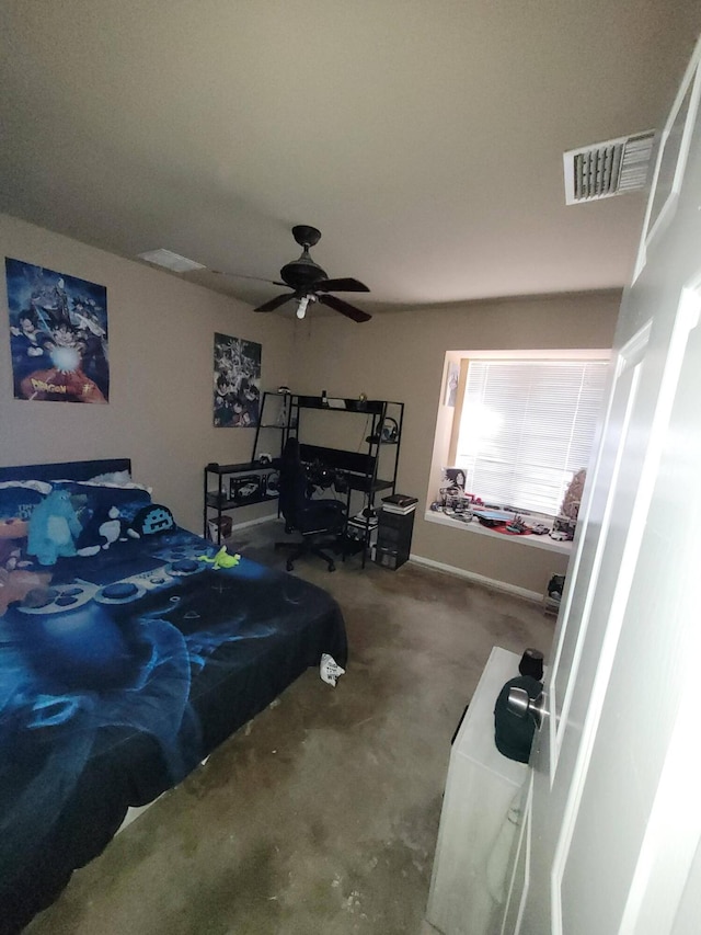 bedroom featuring concrete flooring and ceiling fan