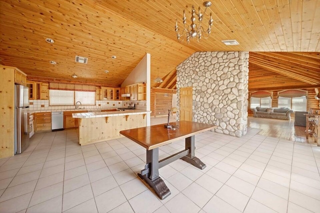 kitchen with white dishwasher, wood ceiling, stainless steel refrigerator, and tasteful backsplash