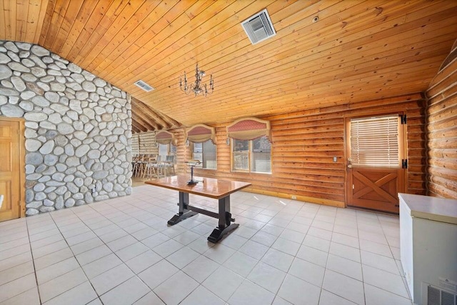 playroom featuring log walls, light tile patterned floors, wooden ceiling, a notable chandelier, and lofted ceiling