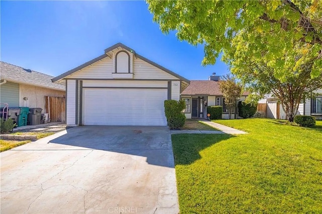 ranch-style house with a garage and a front lawn