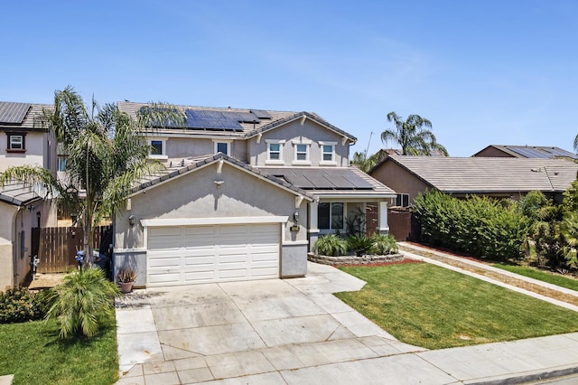 1413 La Quinta Way, Madera, CA 93638 - traditional home featuring concrete driveway, solar panels, stucco siding, an attached garage, and a tiled roof