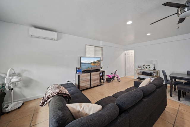 tiled living room featuring a wall mounted air conditioner, recessed lighting, and a ceiling fan