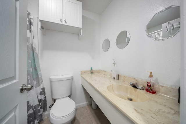 full bathroom with tile patterned floors, baseboards, toilet, and vanity