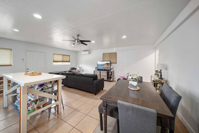 dining room with light tile patterned floors, ceiling fan, and recessed lighting