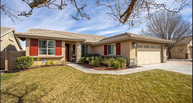 ranch-style house featuring a garage and a front lawn