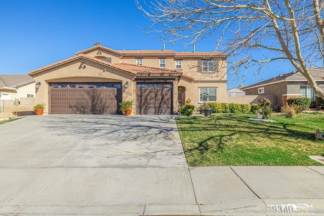 view of front of house featuring a tile roof, stucco siding, concrete driveway, an attached garage, and a front lawn