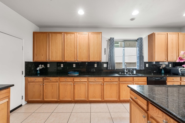 kitchen featuring dark stone counters, black dishwasher, sink, and decorative backsplash