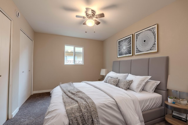 carpeted bedroom featuring a ceiling fan and baseboards