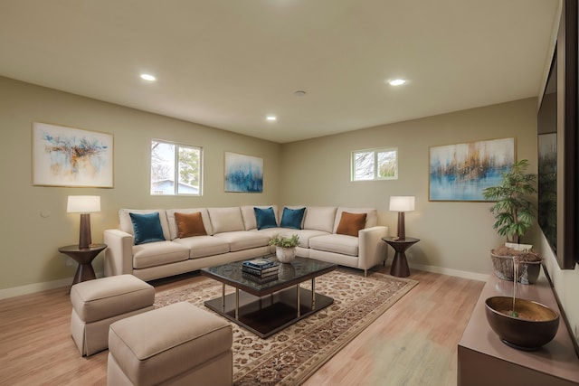 living room with light wood finished floors, plenty of natural light, and baseboards