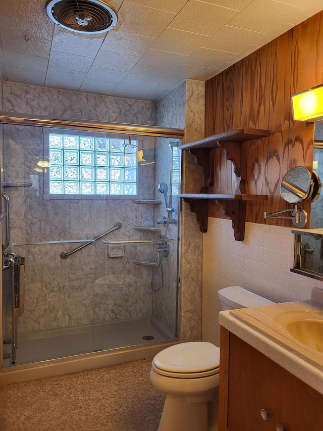 bathroom featuring vanity, toilet, and walk in shower