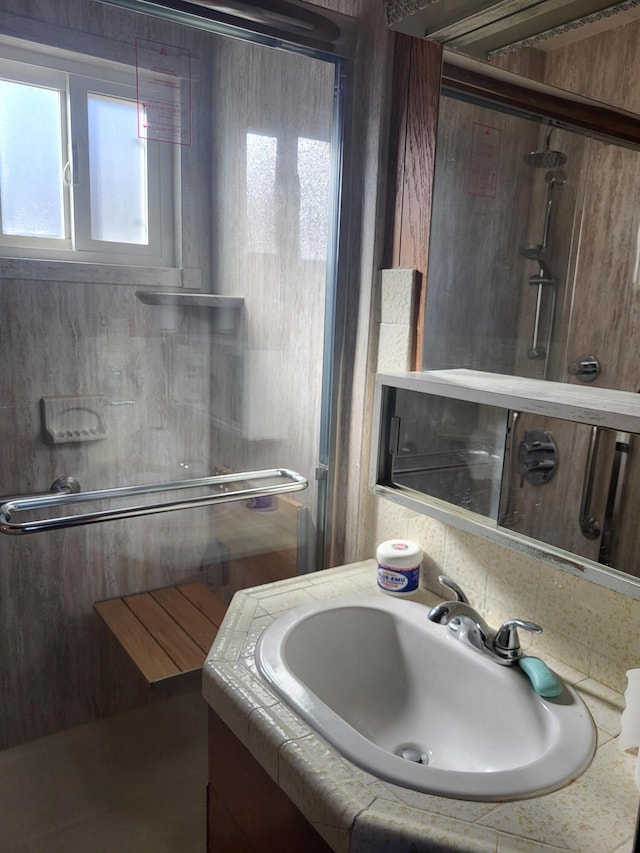 bathroom with vanity and a shower with door