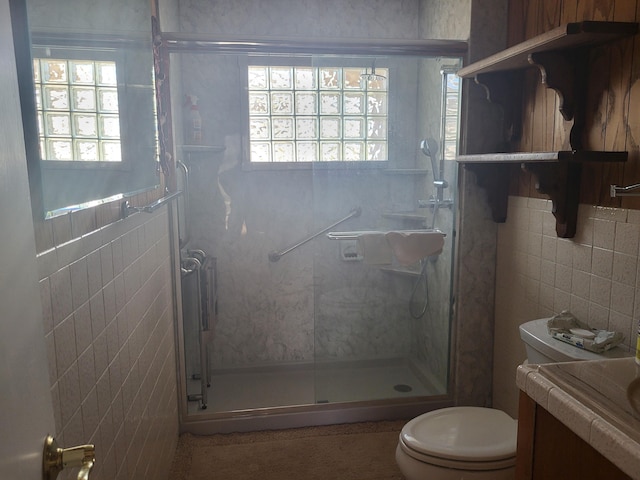 bathroom featuring vanity, toilet, tile walls, and a shower with door