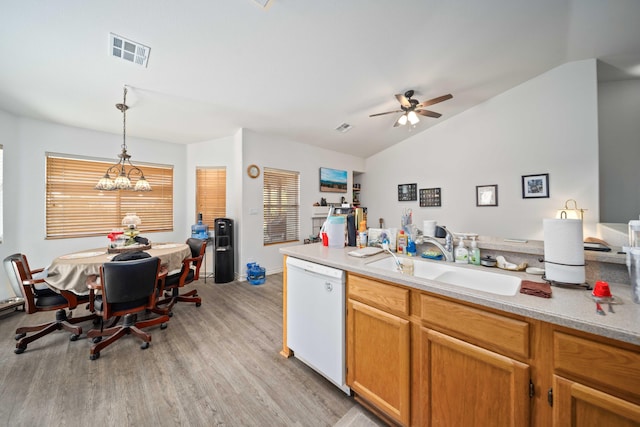 2908 Owens Way, Rosamond, CA 93560 - kitchen with dishwasher, a sink, ceiling fan, light wood-style flooring, and lofted ceiling