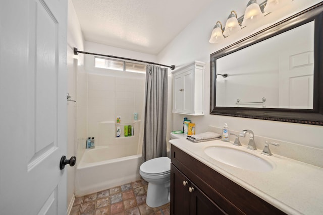 2908 Owens Way, Rosamond, CA 93560 - bathroom featuring shower / tub combo, vanity, toilet, a textured ceiling, and stone finish floors