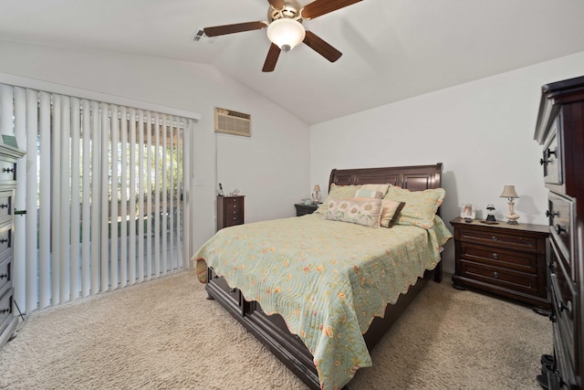 2908 Owens Way, Rosamond, CA 93560 - carpeted bedroom with lofted ceiling, access to outside, an AC wall unit, and ceiling fan