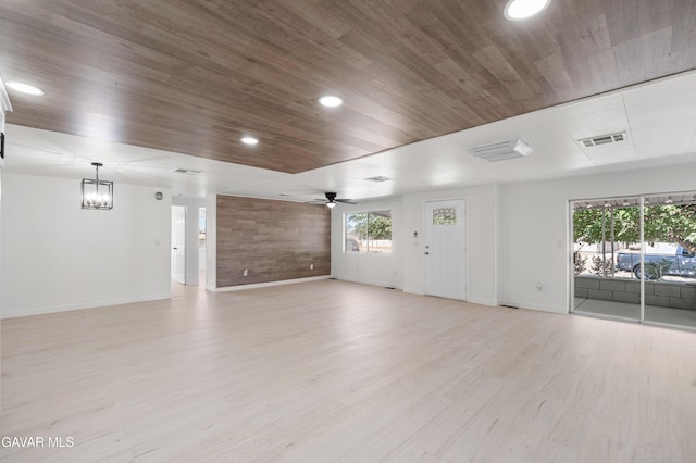 2465 W 55th St, Rosamond, CA 93560 - unfurnished living room with a chandelier, wooden ceiling, light wood-type flooring, ceiling fan, and recessed lighting