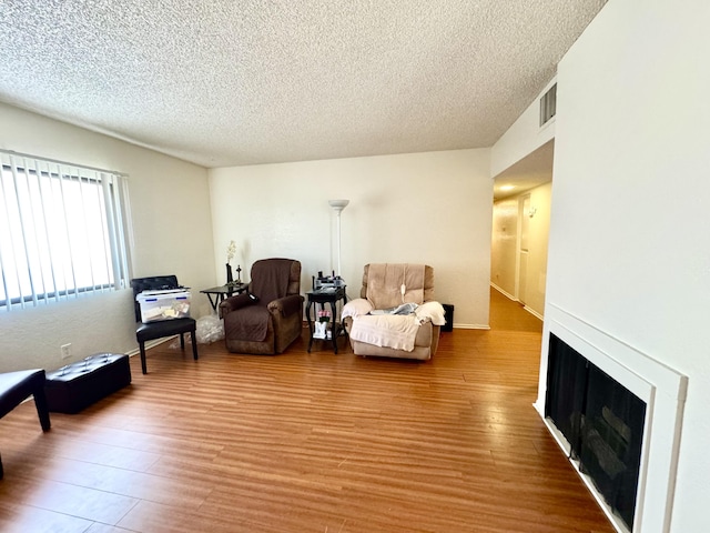 44200 Kingtree Ave Unit 6, Lancaster, CA 93534 - sitting room featuring wood finished floors, a textured ceiling, and a fireplace