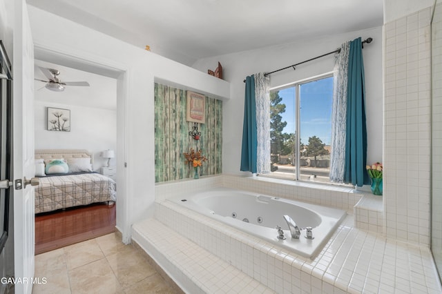 44559 Aspen St, Lancaster, CA 93535 - ensuite bathroom featuring a jetted tub, lofted ceiling, tile patterned flooring, and a ceiling fan