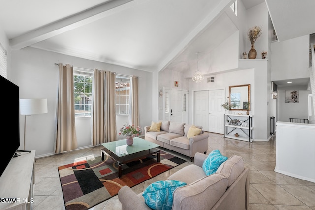 44559 Aspen St, Lancaster, CA 93535 - living area featuring tile patterned floors, beam ceiling, high vaulted ceiling, and a chandelier