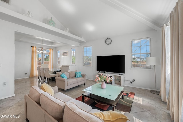 44559 Aspen St, Lancaster, CA 93535 - living room featuring a chandelier, light tile patterned floors, and plenty of natural light