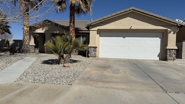 ranch-style house featuring stone siding, stucco siding, driveway, and a garage