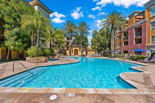 view of swimming pool featuring a patio