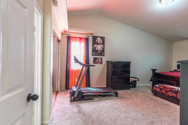 workout room featuring baseboards, vaulted ceiling, and carpet