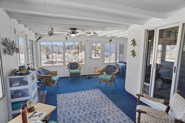 sunroom featuring beam ceiling, a wealth of natural light, and ceiling fan