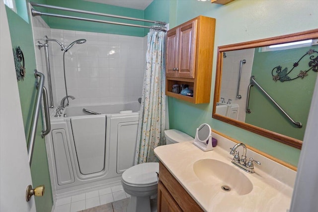 bathroom with tile patterned flooring, vanity, toilet, and shower / bath combo with shower curtain