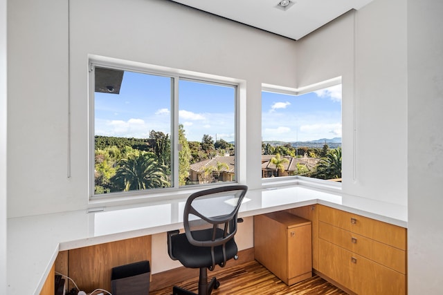 home office featuring light wood-type flooring, built in desk, and a wealth of natural light