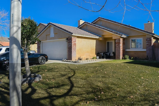 single story home with a garage and a front yard