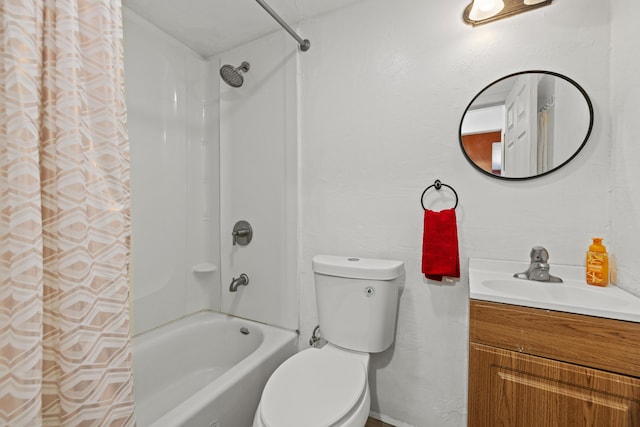 bathroom featuring shower / bathtub combination with curtain, toilet, and vanity