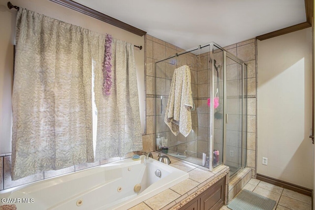 809 Berncastle Rd, Acton, CA 93510 - full bath with crown molding, a stall shower, a jetted tub, and tile patterned flooring