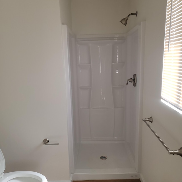 bathroom featuring a shower stall and toilet